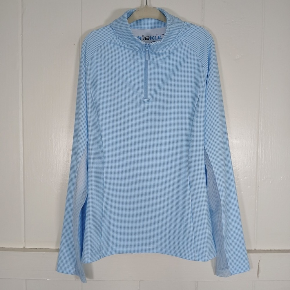 IBKUL Youth M 7/8 Gingham Blue White Quarter Zip Sun Shirt UPF 50+ Long Sleeve